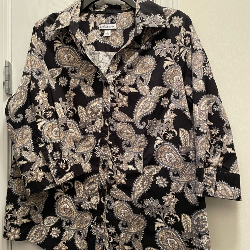 Croft & Barrow Women’s Sz Large Black & Tan Paisley 3/4 Sleeve Woven Blouse, EUC